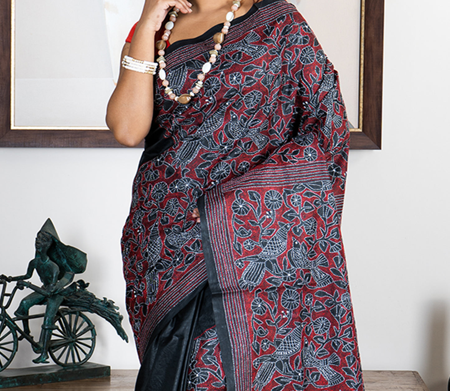 Kantha Stitch on Black Saree - ArtisanSoul
