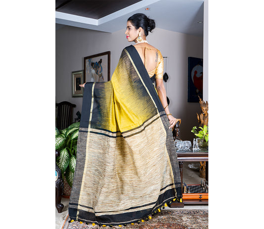 Handloom Ikkat Saree with Gheecha Anchal - Yellow - ArtisanSoul