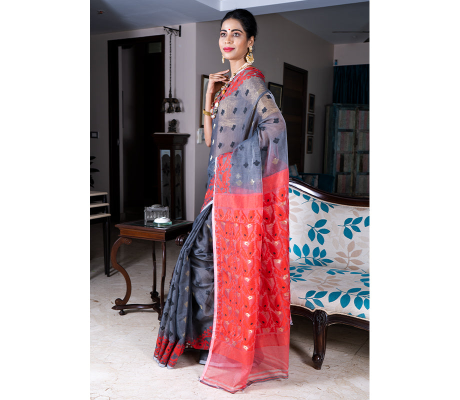 Handloom Jamdani Sub Dhakai Saree - Grey & Red - ArtisanSoul