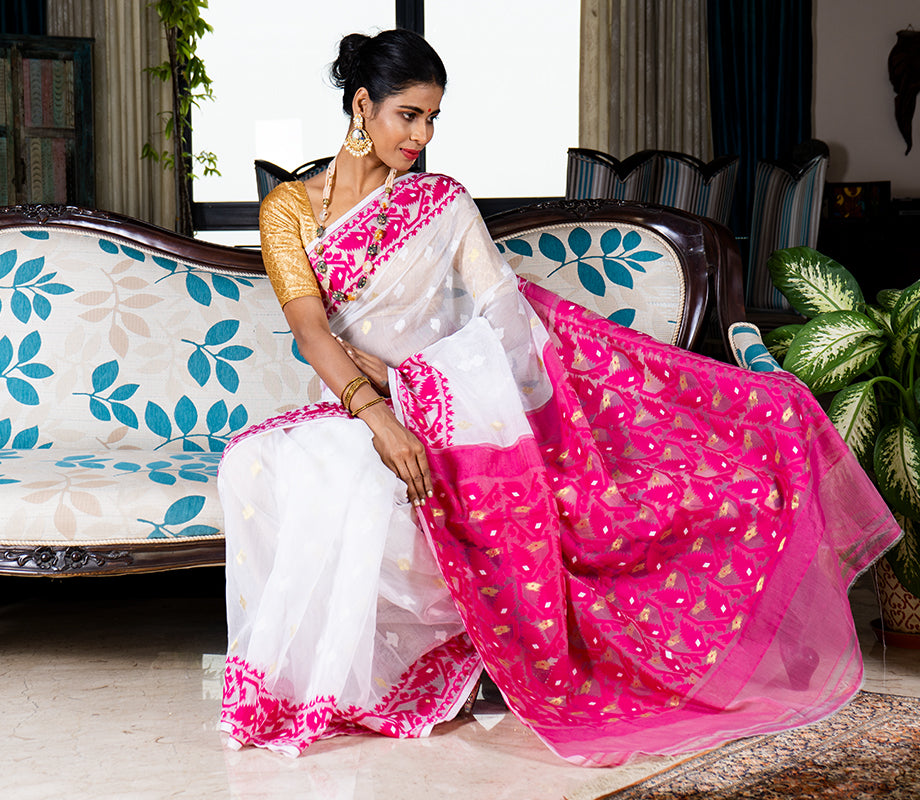 Handloom Jamdani Sub Dhakai Saree - Purple on White - ArtisanSoul