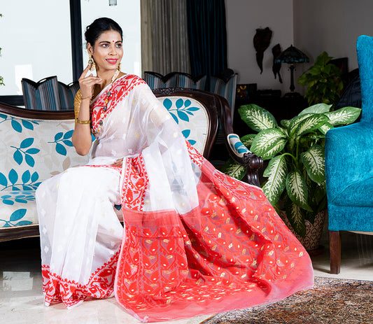 Handloom Jamdani Sub-Dhakai Saree - White & Red - ArtisanSoul