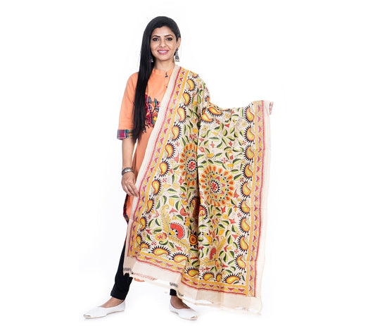 Kantha Stitched Dupatta on Tussar Base - Red and Black - ArtisanSoul