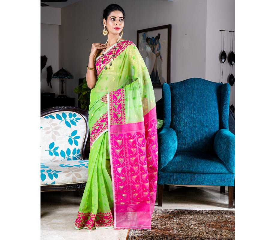 Handloom Jamdani Sub-Dhakai Saree - Green and Purple - ArtisanSoul