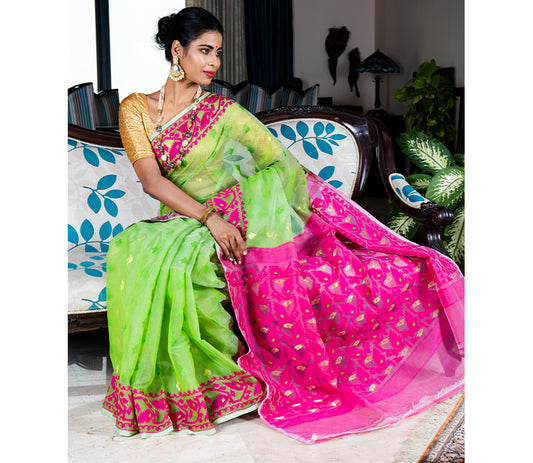 Handloom Jamdani Sub-Dhakai Saree - Green and Purple - ArtisanSoul