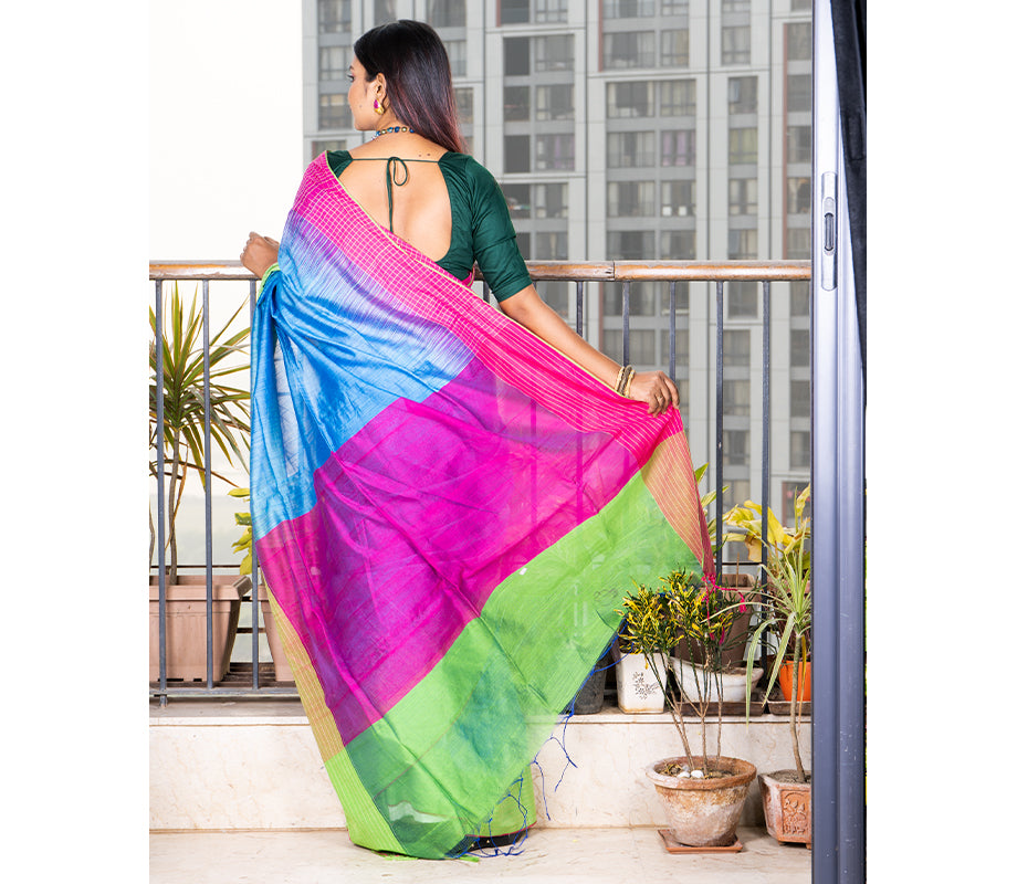 Handloom Saree With Ganga-Jamuna Par - Purple & Green on Sky Blue - ArtisanSoul