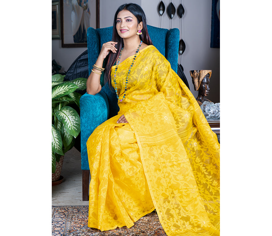 Handloom Jamdani Saree With all Body Work - Yellow - ArtisanSoul
