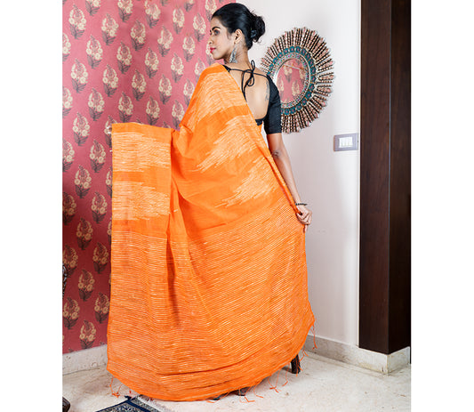 Handloom Gheecha Saree - Orange - ArtisanSoul