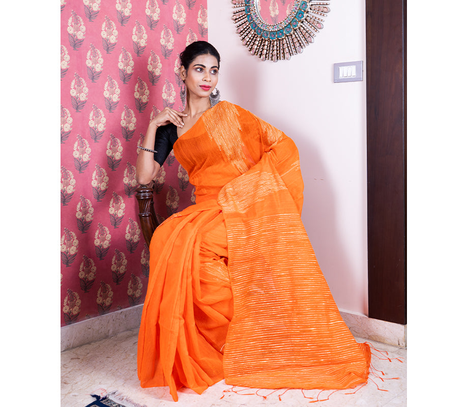 Handloom Gheecha Saree - Orange - ArtisanSoul