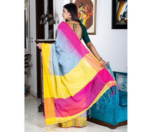 Handloom Saree With Ganga-Jamuna Par - Yellow & Purple on Gray - ArtisanSoul