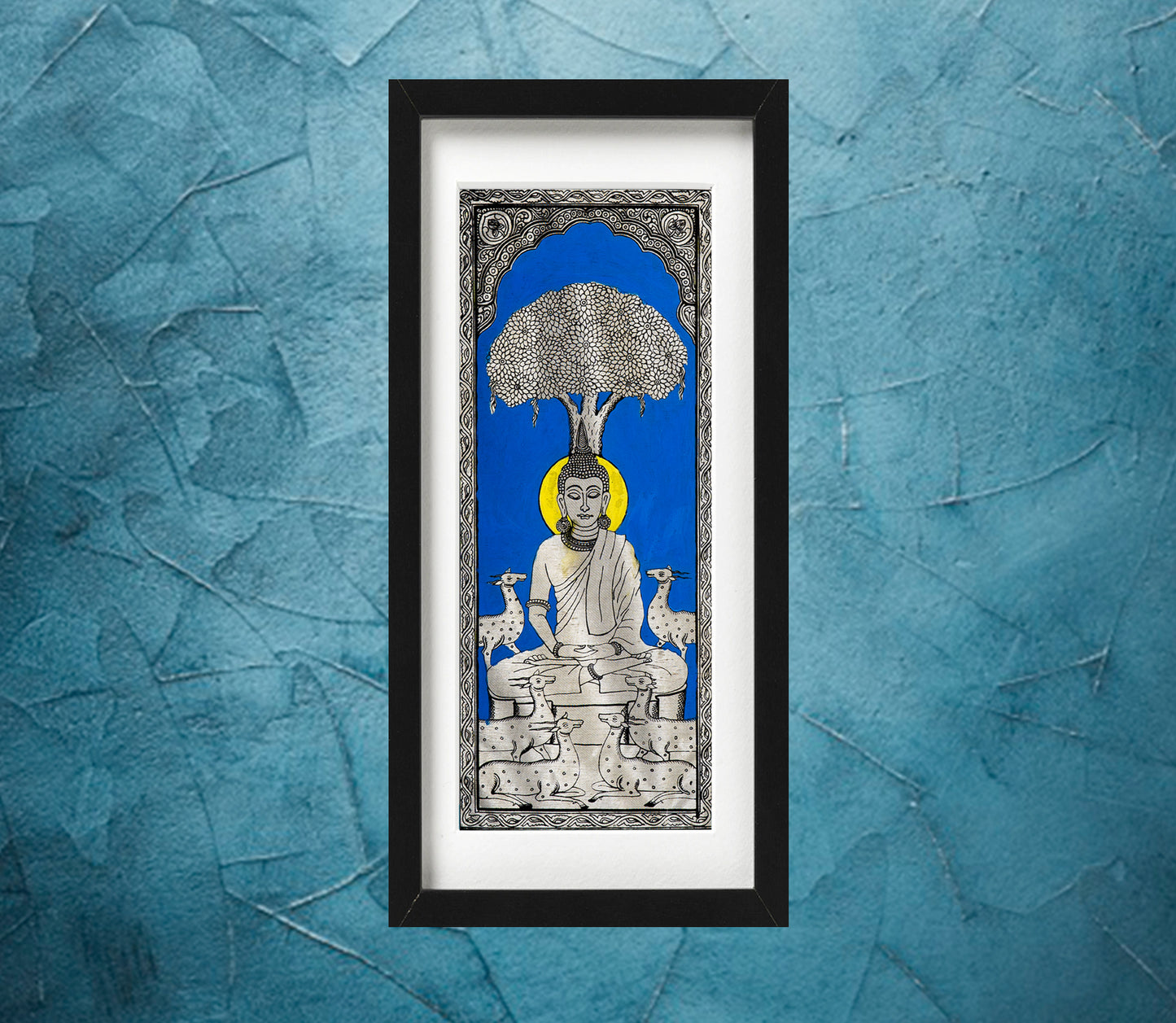 Pattachitra on Tussar from Odisha - Buddha in Blue - ArtisanSoul