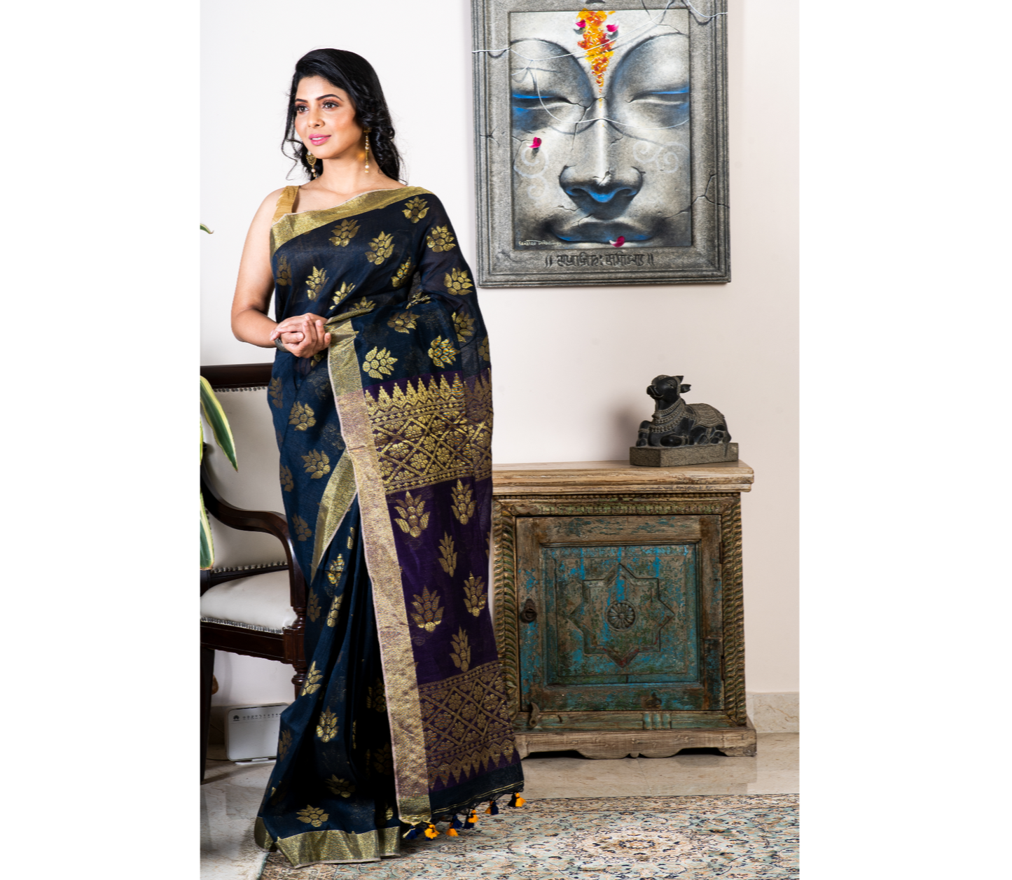 Handloom Linen Jamdani Saree - Prussian Blue and Violet - ArtisanSoul