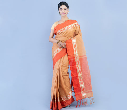 Tant Saree - Light Brown with Orange Par - ArtisanSoul