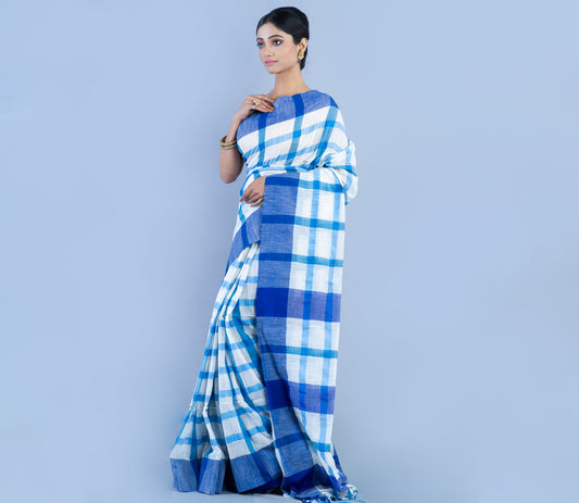 Handloom Cotton Checkered Saree - White and Sky Blue - ArtisanSoul
