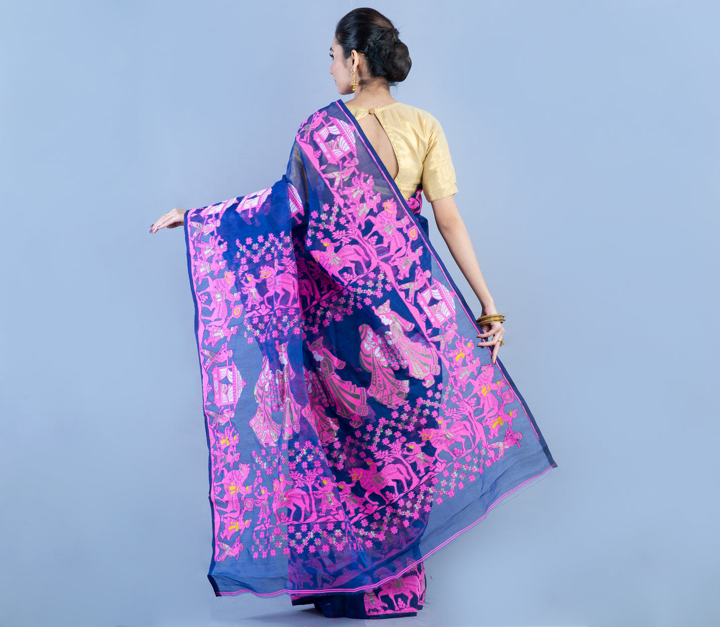 Handloom Jamdani Saree - Pink on Blue - ArtisanSoul