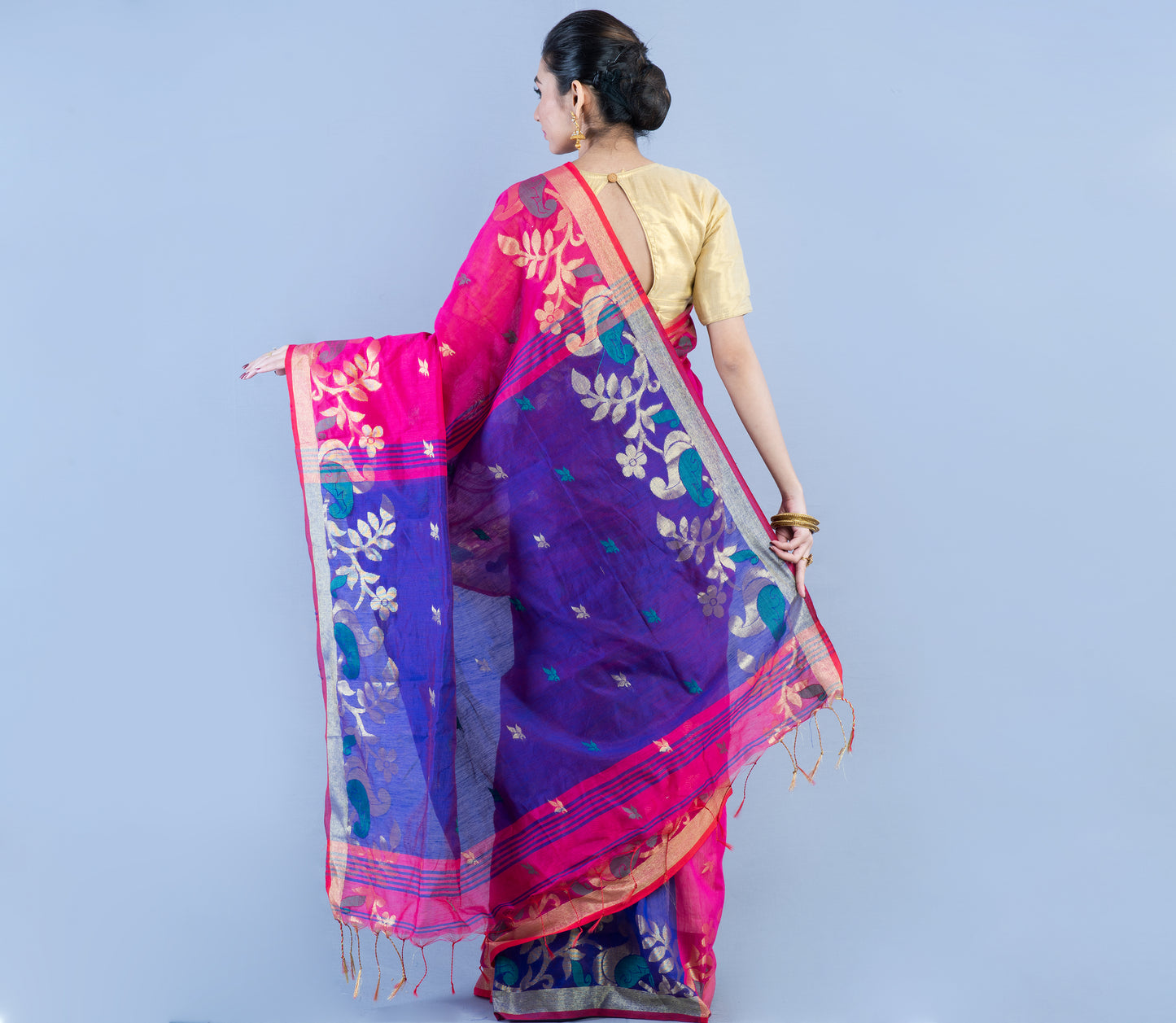 Handloom Saree with all over Zari work - Dark Pink & Blue - ArtisanSoul
