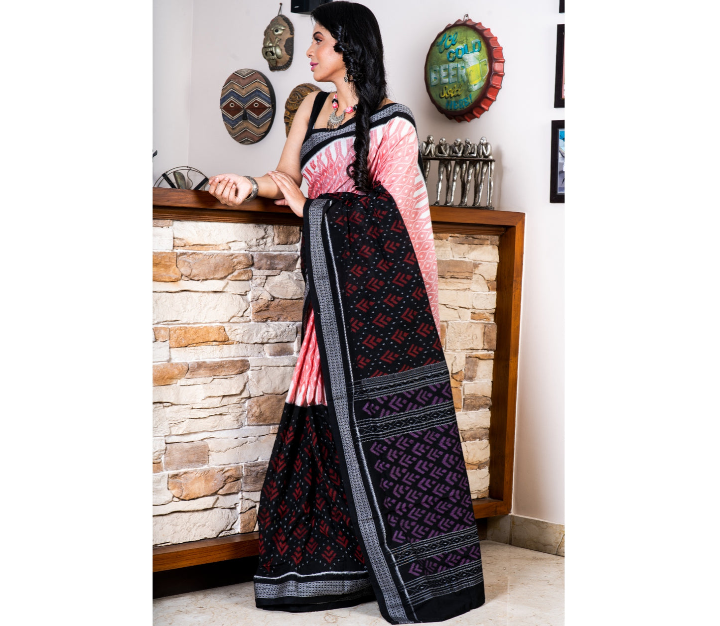 Sambalpuri Saree - Pure Cotton - Pink and Black - ArtisanSoul