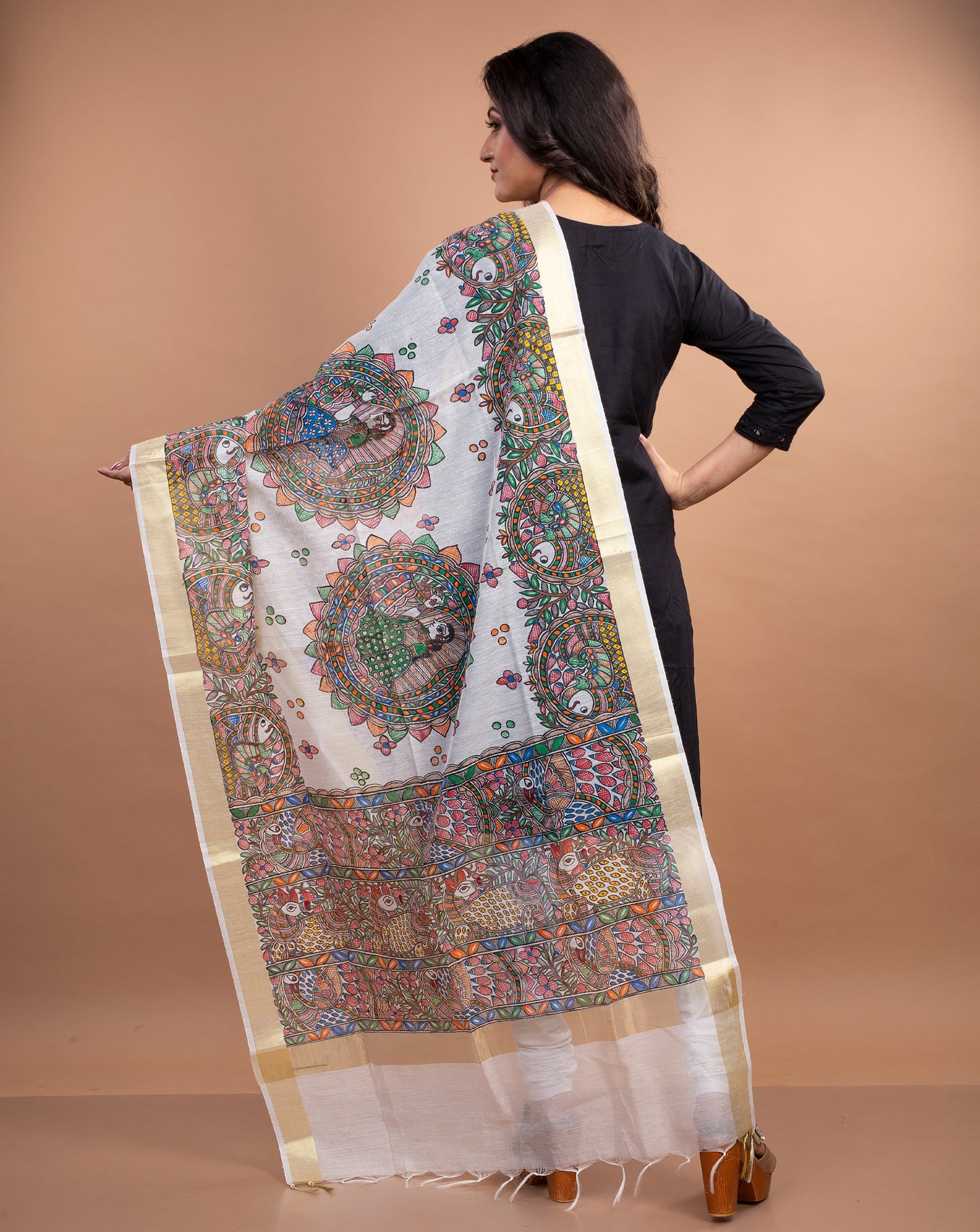 Madhubani Painting Dupatta From Bihar - White with Golden Border - ArtisanSoul