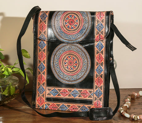 Handcrafted Leather Office Bag Mandala on Black ArtisanSoul