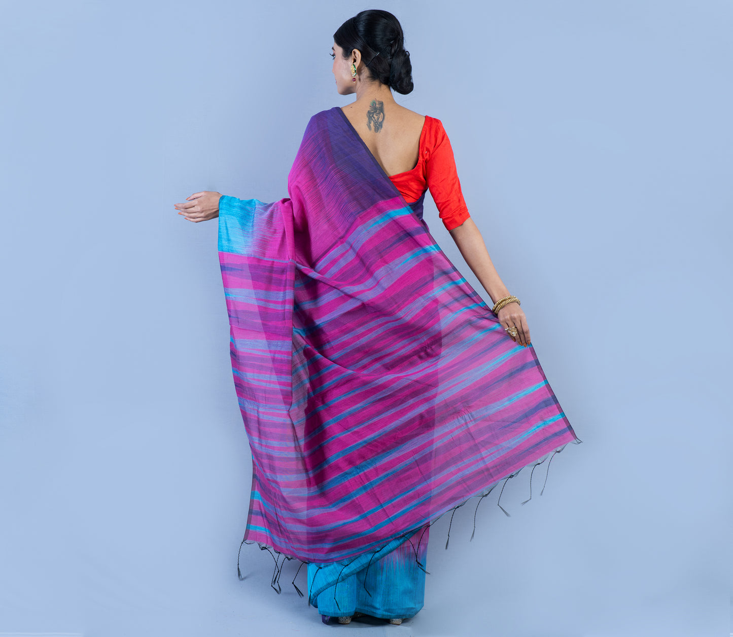Handloom Ikkat Saree - Navy Blue & Sky Blue On Purple - ArtisanSoul