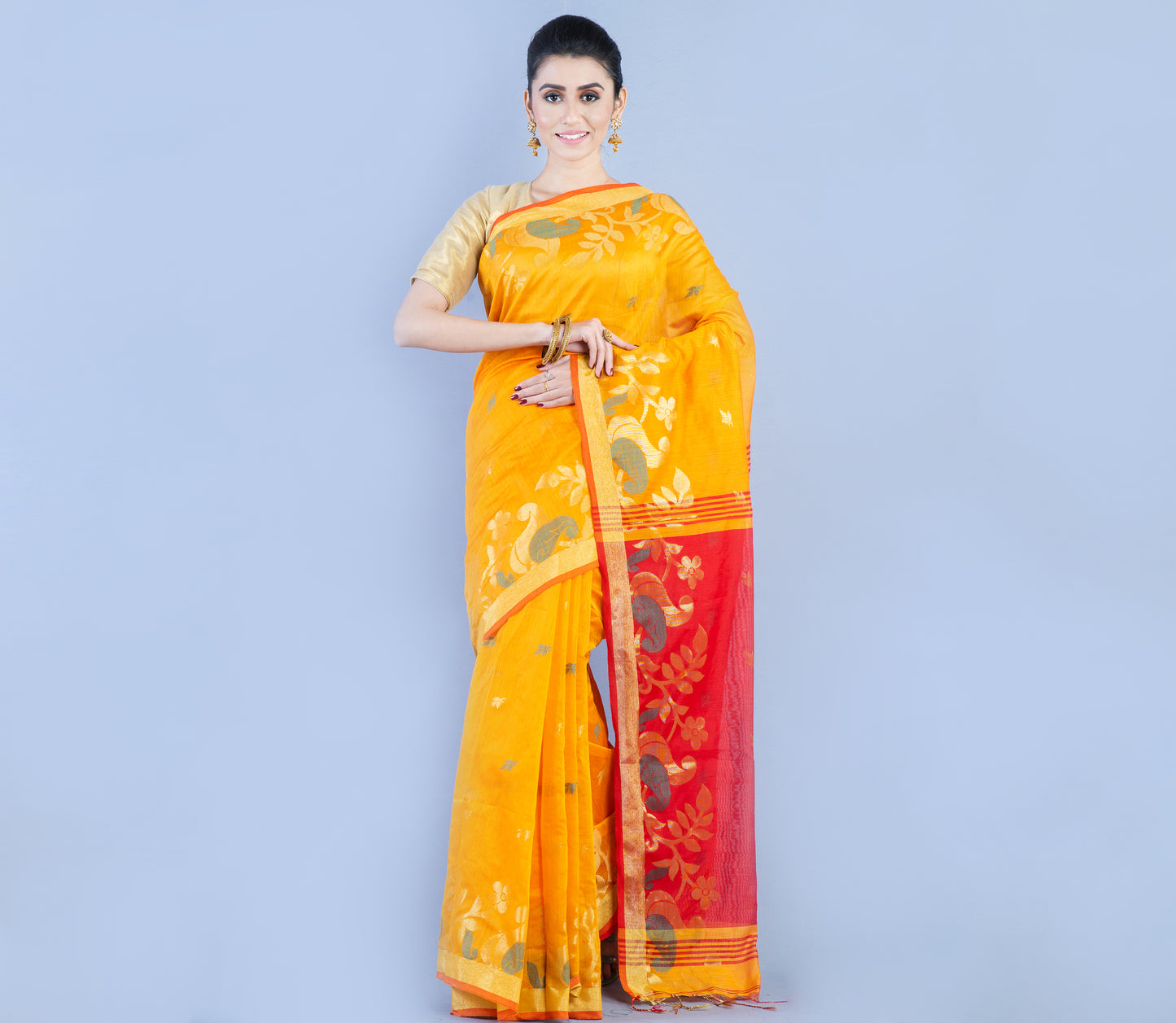 HANDLOOM SAREE WITH WORK ALL OVER THE SAREE - YELLOW & RED - ArtisanSoul