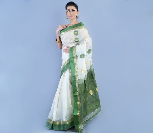 Handloom Saree With Zari Work - White & Olive Green - ArtisanSoul