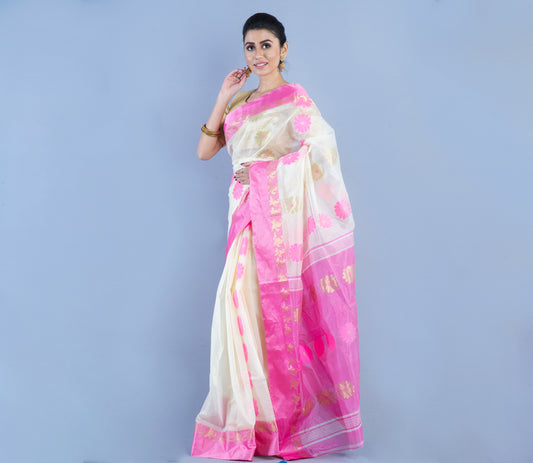 Handloom Saree - White & Pink - ArtisanSoul