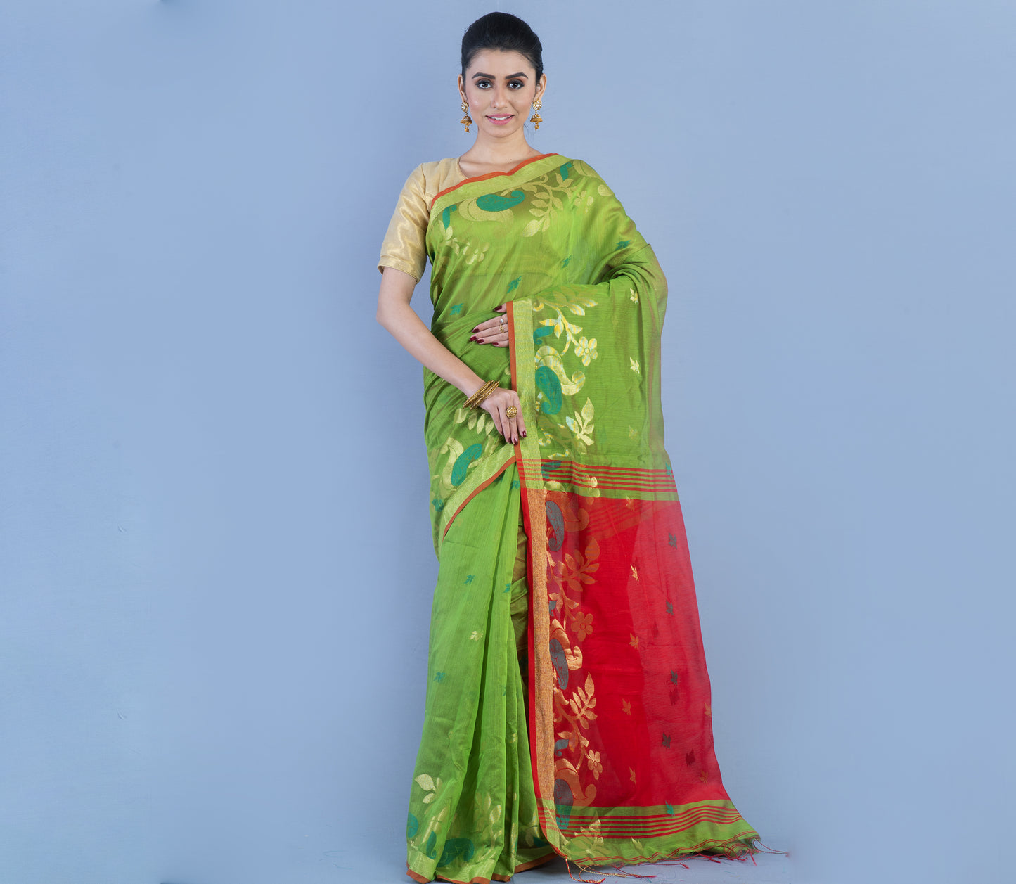 HANDLOOM SAREE WITH WORK ALL OVER THE SAREE - GREEN AND RED - ArtisanSoul