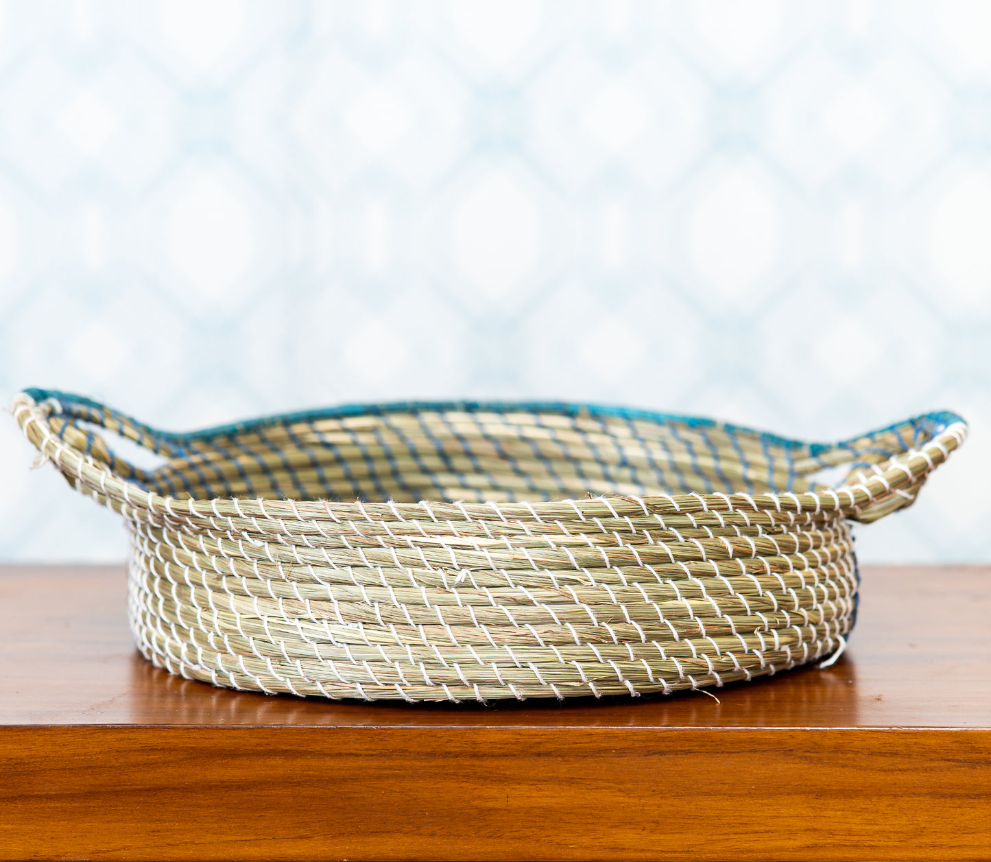 Round Basket of Sabai Grass with Blue and White Thread Work - ArtisanSoul