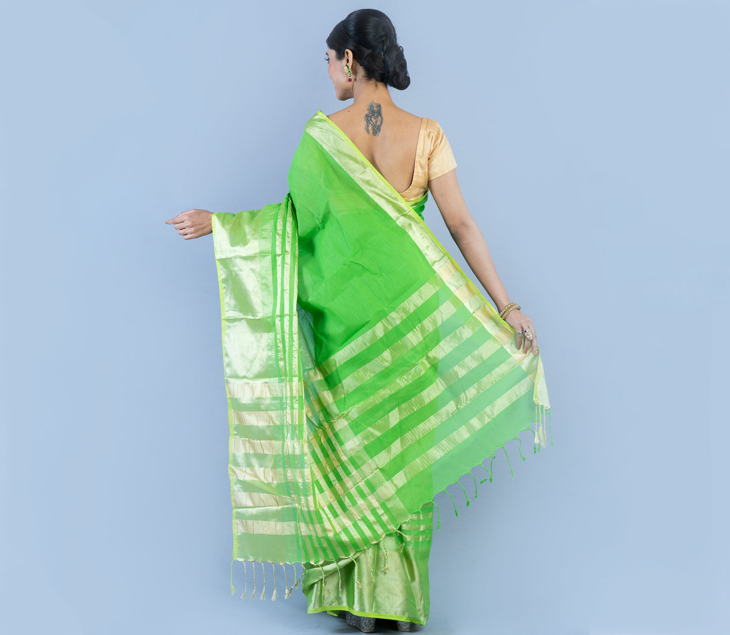 Handloom Tant Saree - Golden Zari on Green - ArtisanSoul