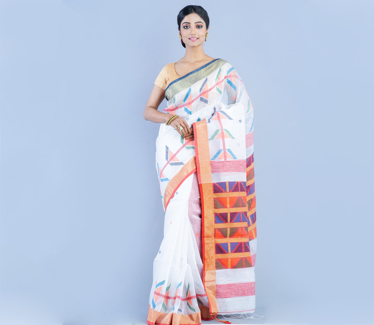Handloom Linen Saree - White & Multi Color Anchal - ArtisanSoul