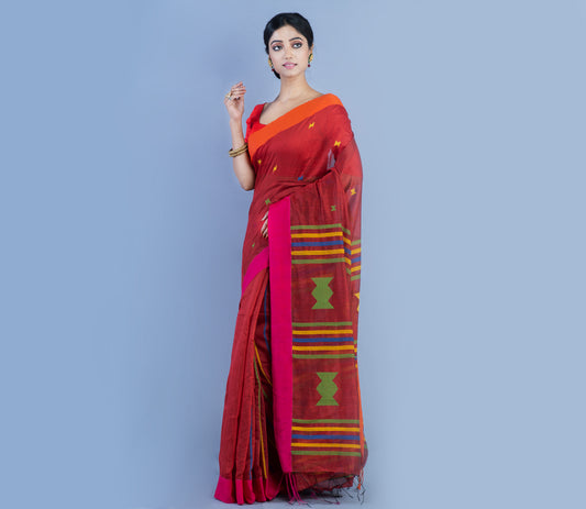 Handloom Saree - Pink and Orange on Maroon - ArtisanSoul