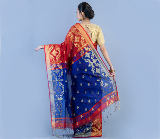 HANDLOOM SAREE WITH WORK ALL OVER THE SAREE - MAROON AND BLUE - ArtisanSoul