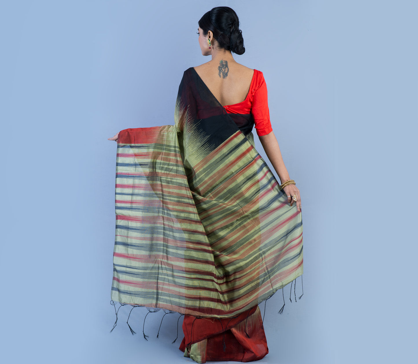 Handloom Ikkat Saree - Black & Maroon On Moss Green - ArtisanSoul