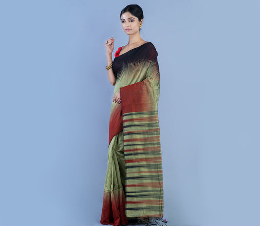 Handloom Ikkat Saree - Black & Maroon On Moss Green - ArtisanSoul