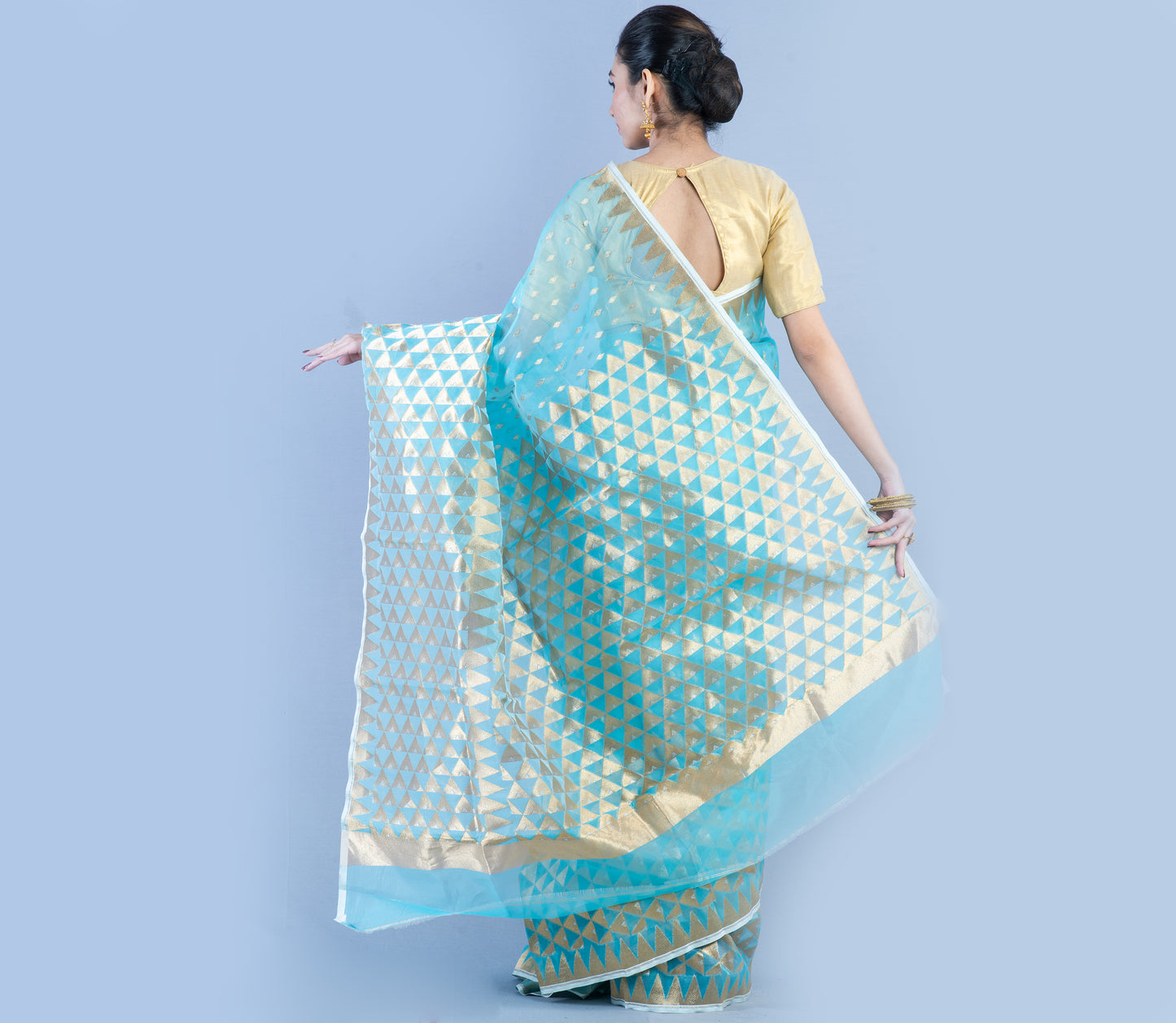 Handloom Muslin Silk Saree With All over Zari Work - Sky Blue - ArtisanSoul