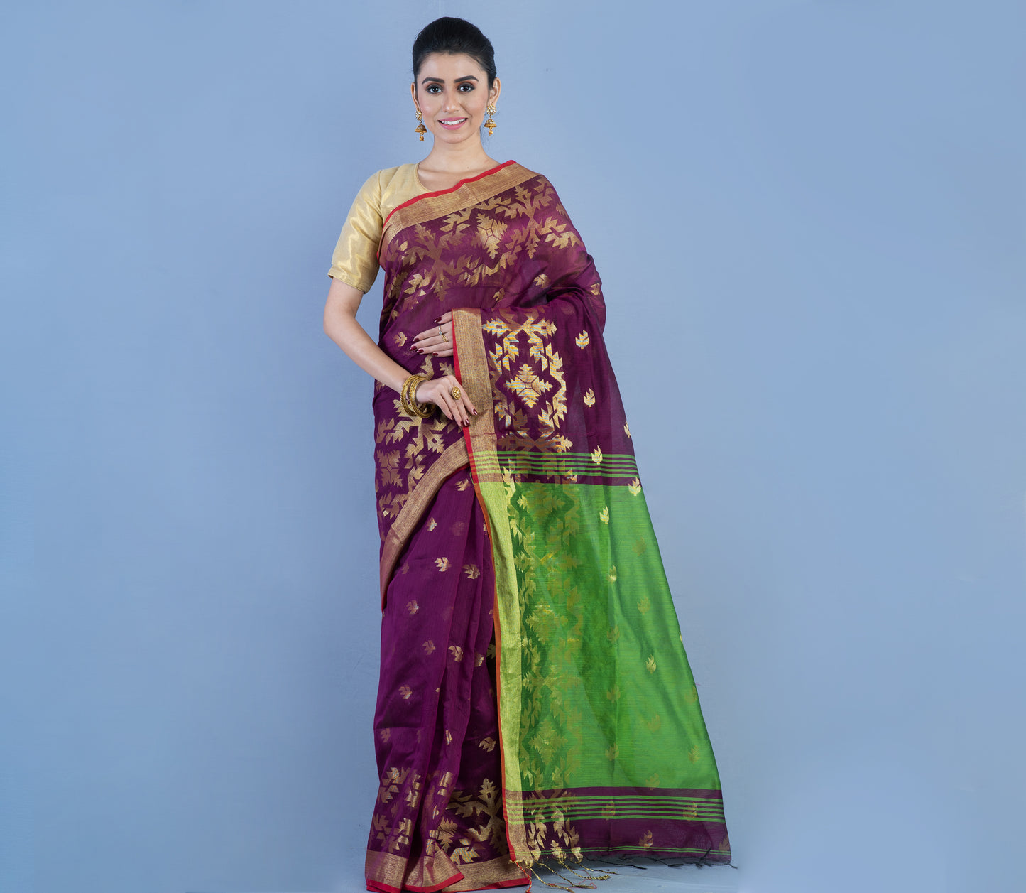 HANDLOOM SAREE WITH WORK ALL OVER THE SAREE - VIOLET AND GREEN - ArtisanSoul