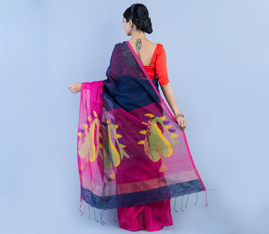 Handloom Gheecha Saree - Blue & Purple - ArtisanSoul