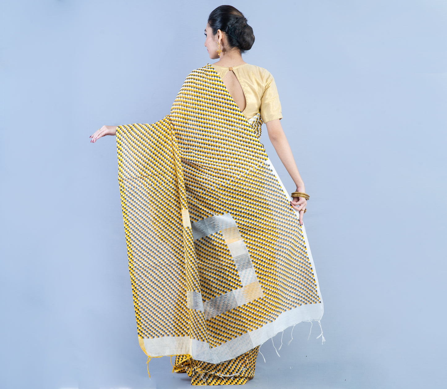 Handloom Cotton Printed Saree - Yellow & Gray - ArtisanSoul