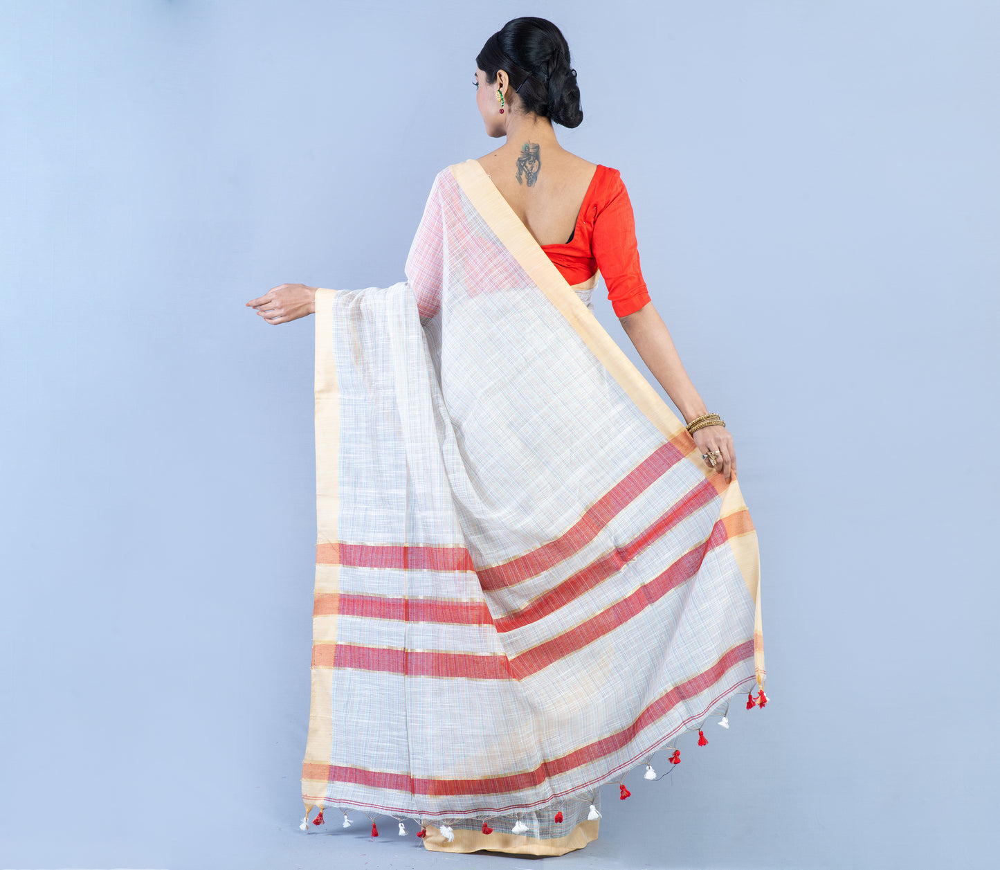 Handloom Cotton Silk Saree - White & Red - ArtisanSoul