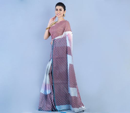 Handloom Saree - Red & Black Checkered Design on Gray - ArtisanSoul