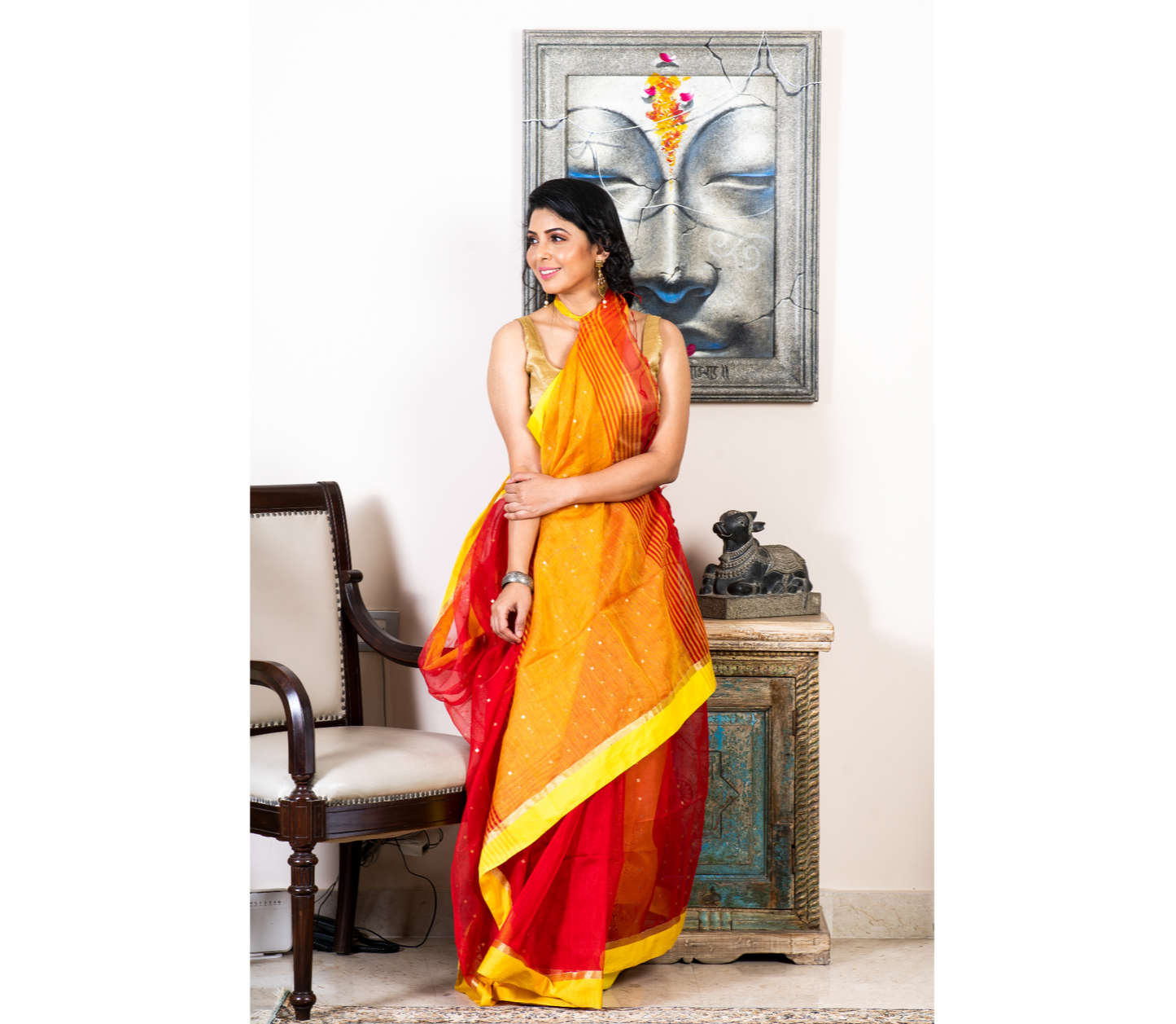 Handloom saree with All Over Chumki Work - Red and Yellow - ArtisanSoul