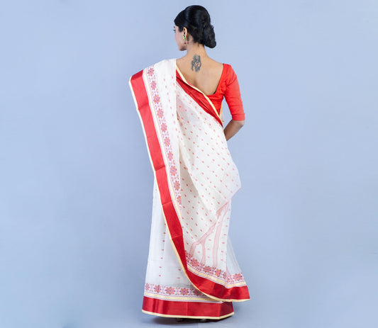 Handloom Tant Saree - White with Red Design & Par - ArtisanSoul