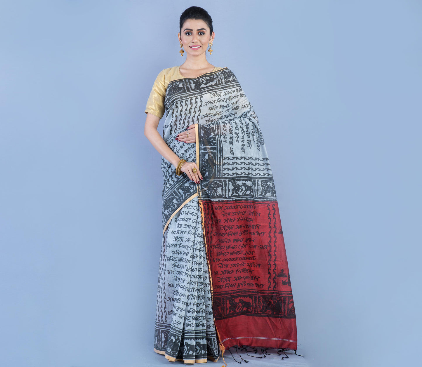 Printed Cotton Silk Saree - Gray & Red - ArtisanSoul