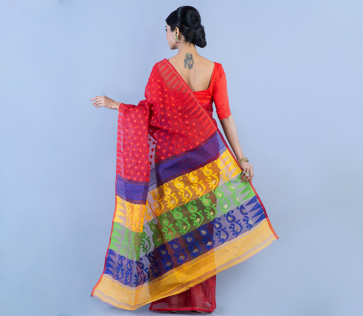 Handloom Jamdani Saree - Blue & Yellow on Red - ArtisanSoul