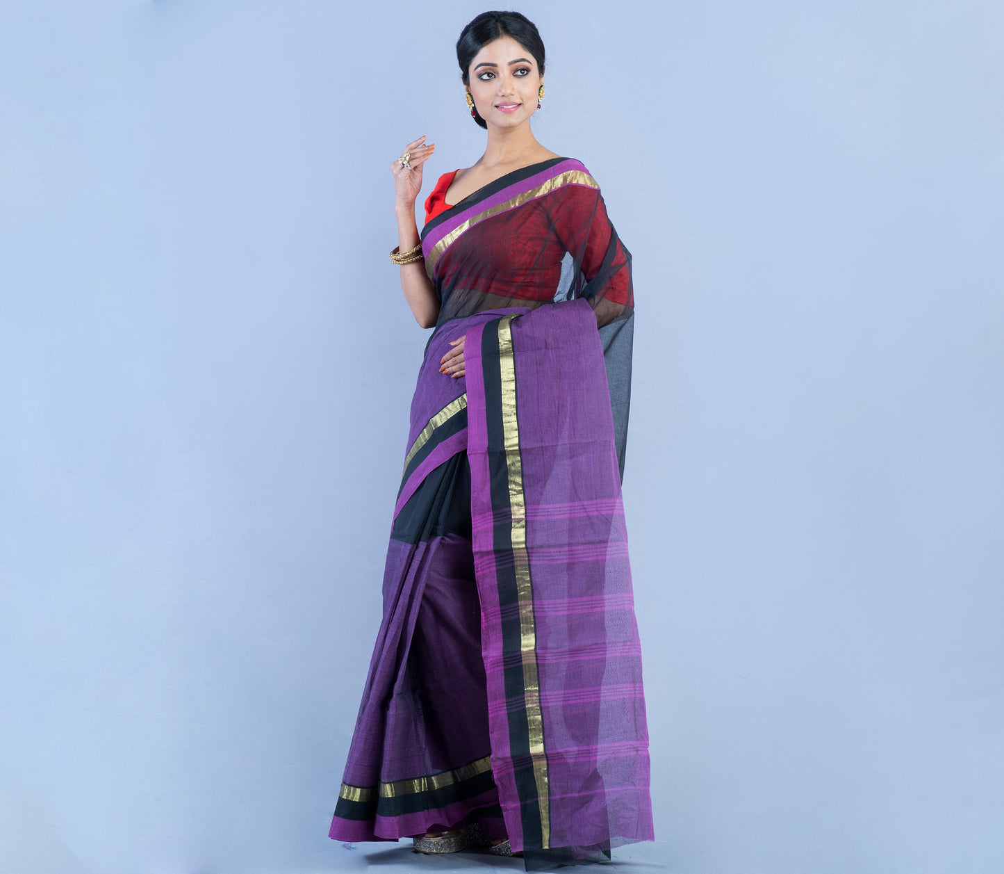 Tant Saree - Black & Violet - ArtisanSoul