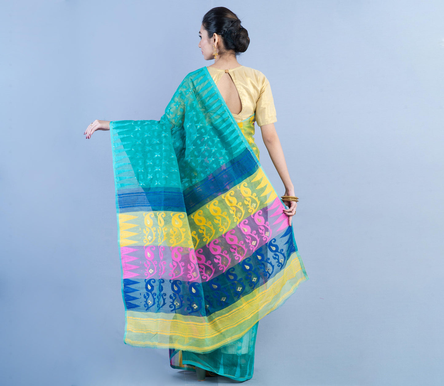 Handloom Jamdani Saree - Blue & Pink on Cyan Blue - ArtisanSoul