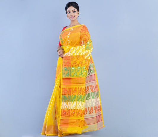 Handloom Jamdani Saree- Red & white on Yellow - ArtisanSoul