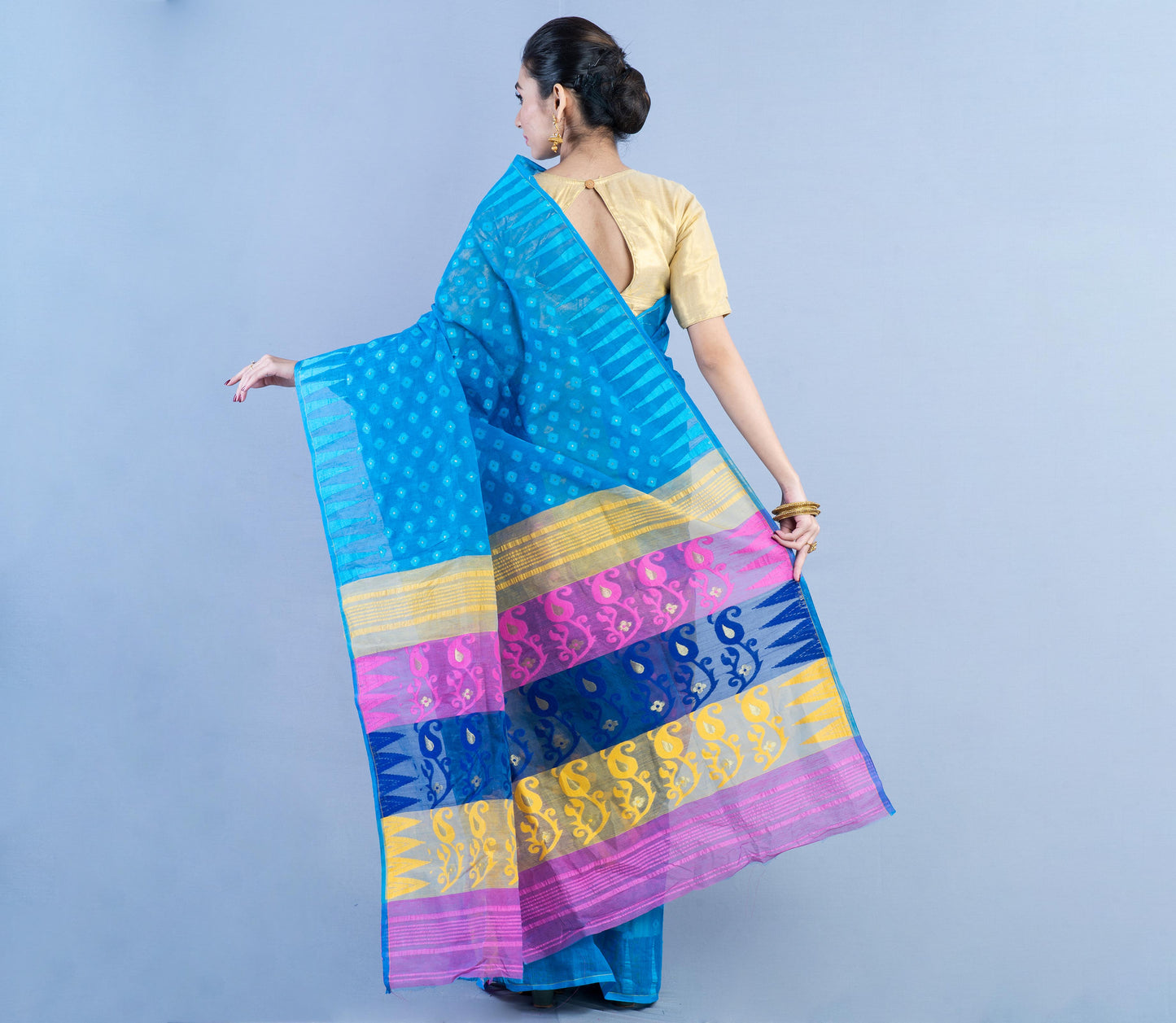 Handloom Jamdani Saree- Pink & Yellow on Blue - ArtisanSoul