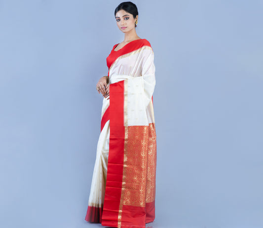 Handloom Garod Saree - White with Red Par & Anchal - ArtisanSoul