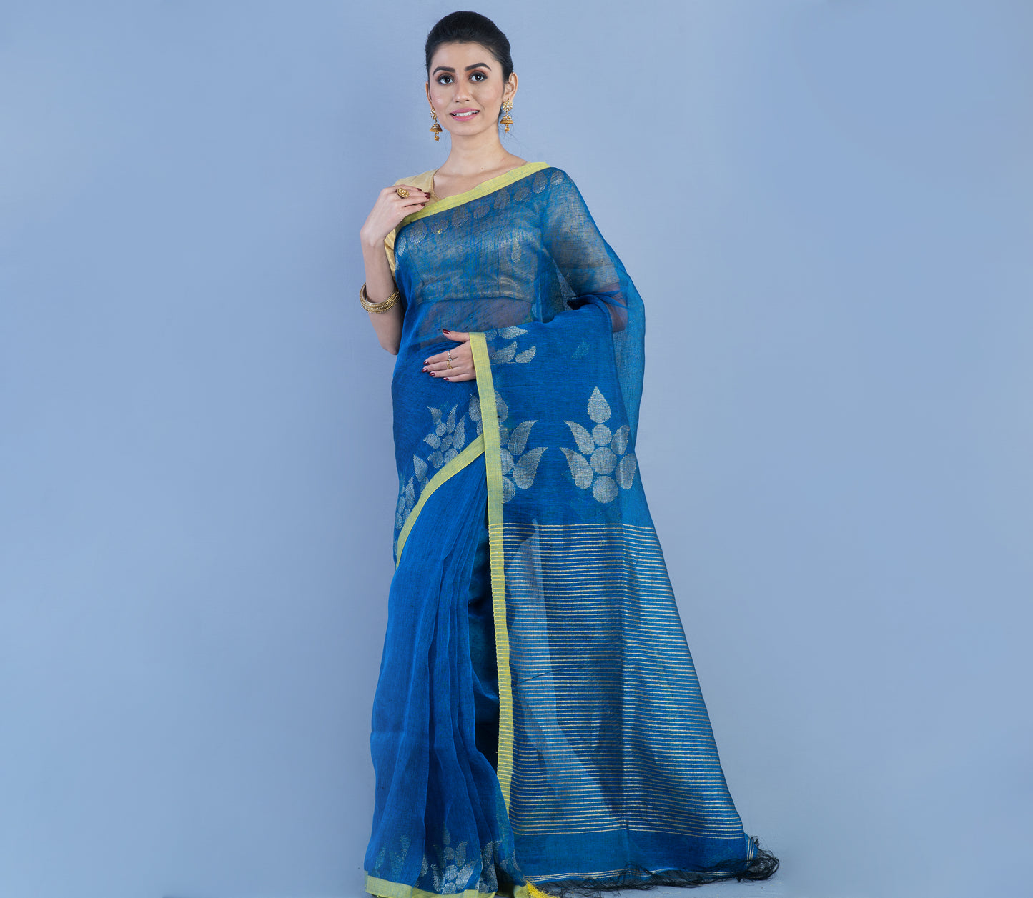 Linen Handloom Saree With Zari Work - Blue - ArtisanSoul